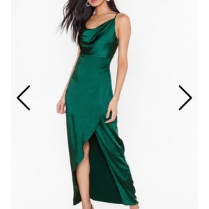 Green side slit silk dress
